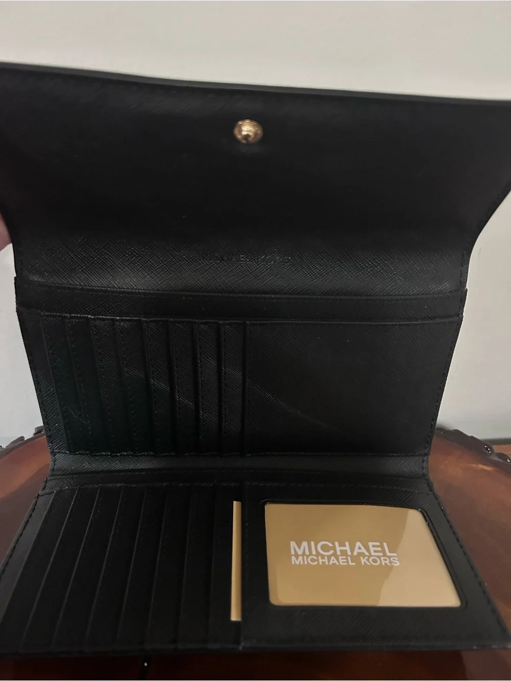 NWT Michael Kors Black Leather Trifold Wallet with Gold Hardware